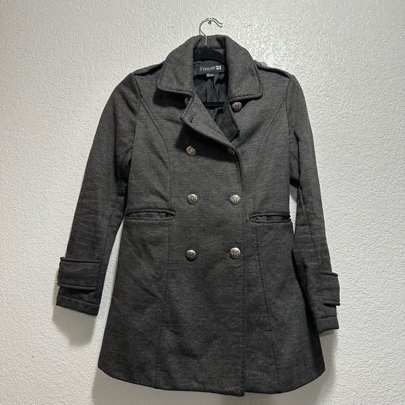 Vintage Y2K Forever 21 Charcoal Double-Breasted Trench Coat - Picture 5 of 8